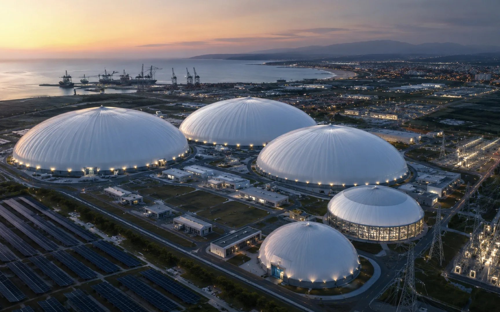 A coastal campus of air-supported domes at dusk, with a solar array and port beyond