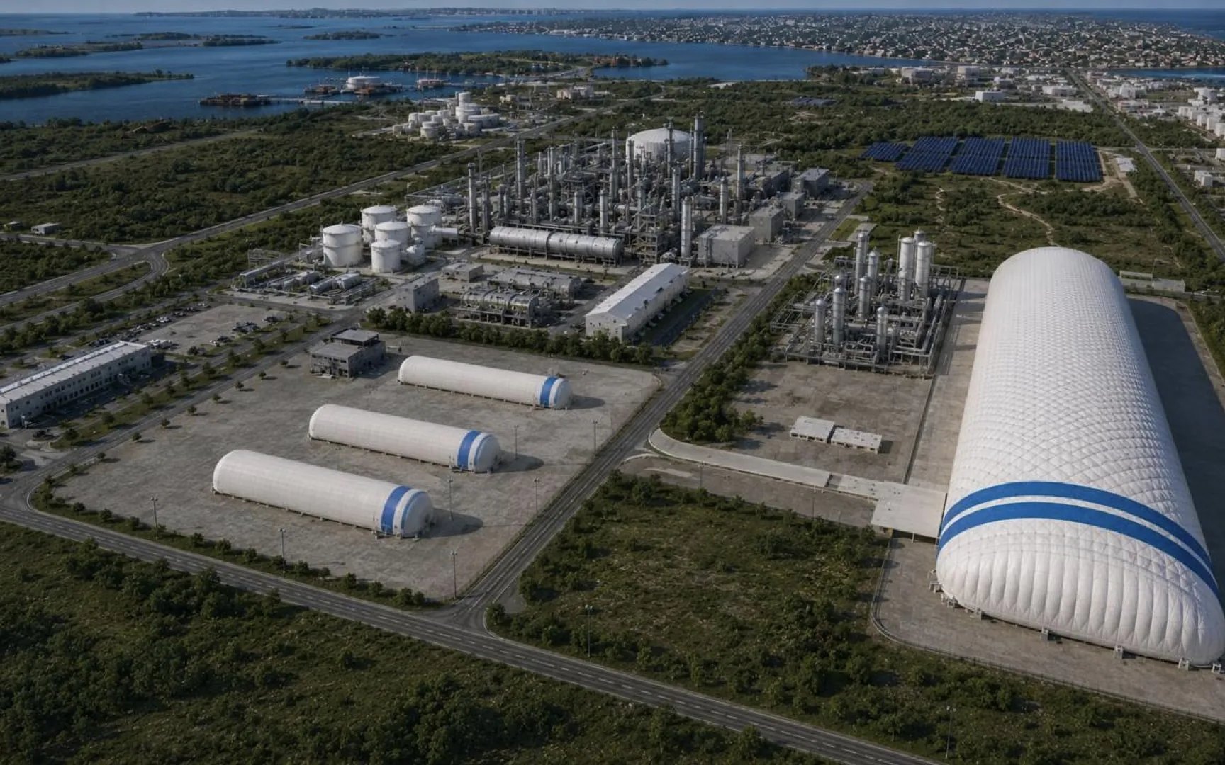 An air-supported Dome and storage vessels co-located with a coastal processing plant, solar array and bay beyond
